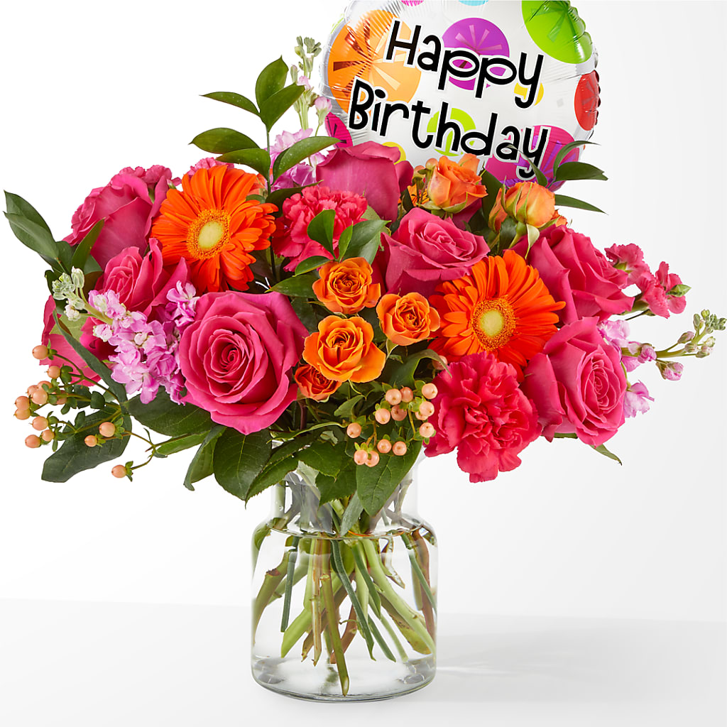 Fiesta Bouquet with Birthday Balloon – Facet Flowers, Austin TX