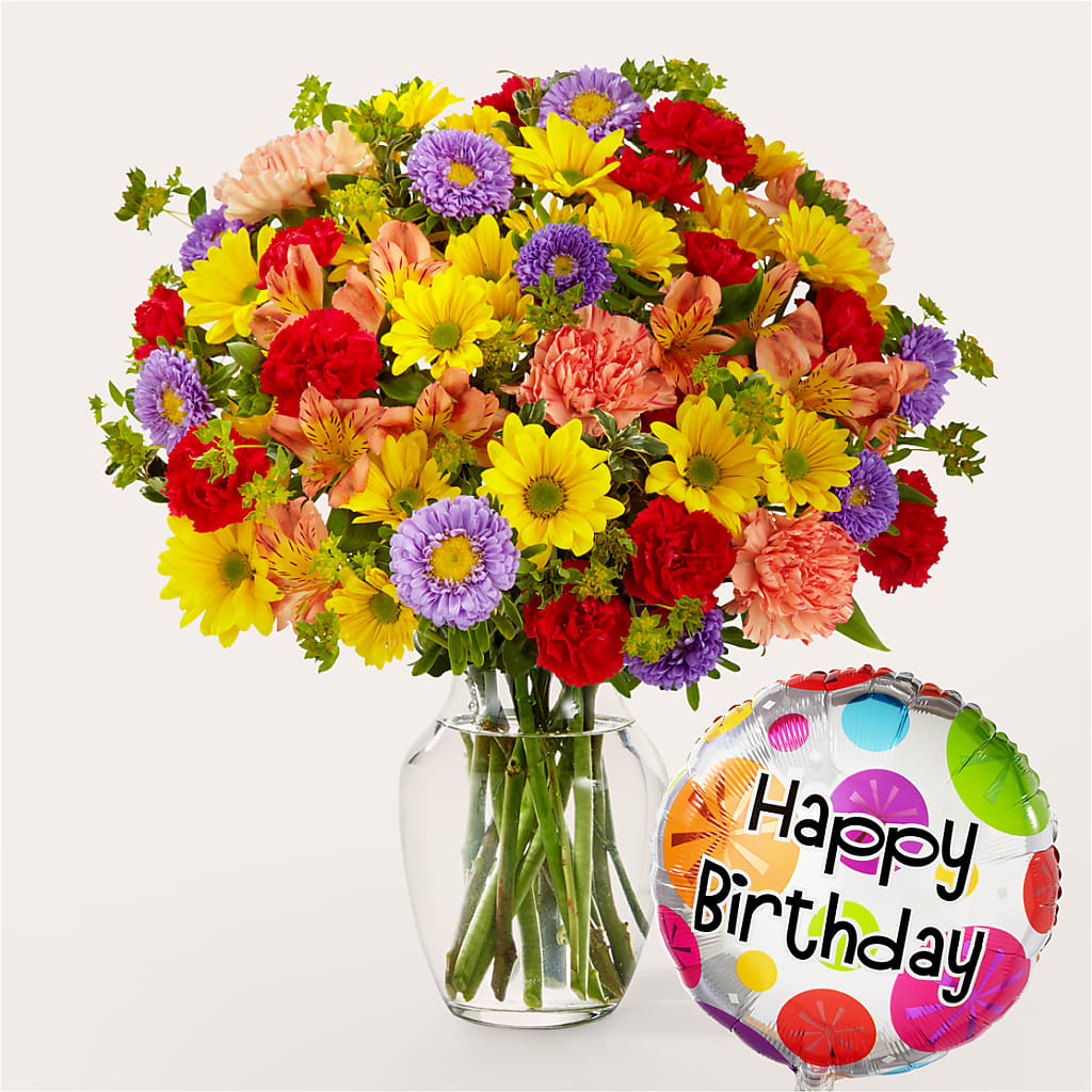 Kaleidoscope Bouquet with Birthday Balloon – Facet Flowers, Austin TX