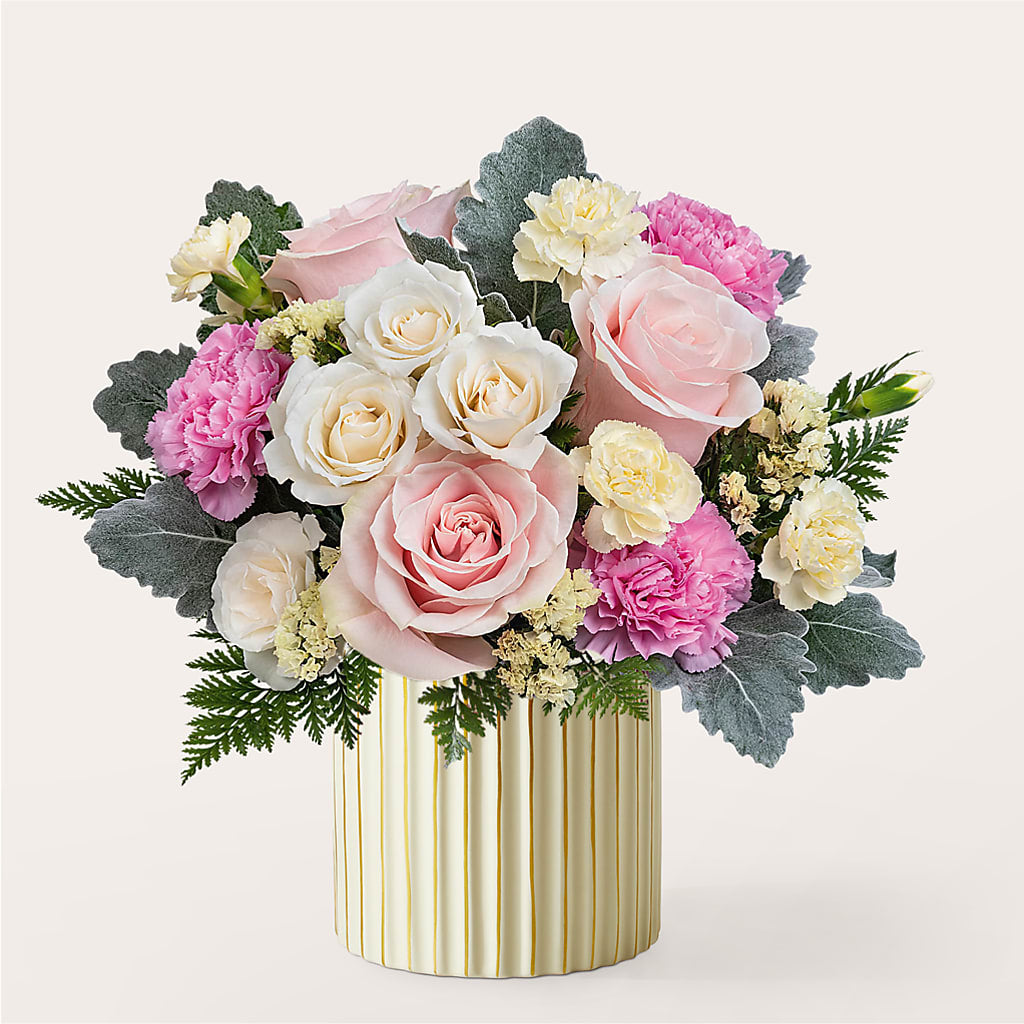 Blissful Moments Bouquet with Ivory Vase – Facet Flowers, Austin TX