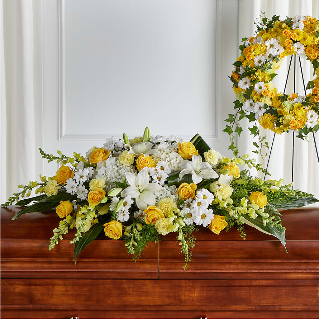 Golden Harmony Casket Spray – Facet Flowers, Austin TX
