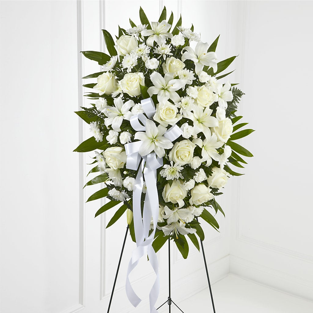 Exquisite Tribute Standing Spray-White Ribbon – Facet Flowers, Austin TX