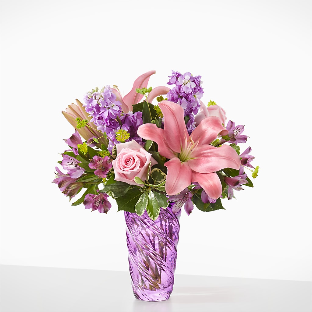 Precious Petals Bouquet with Luxe Swirl Vase – Facet Flowers, Austin TX