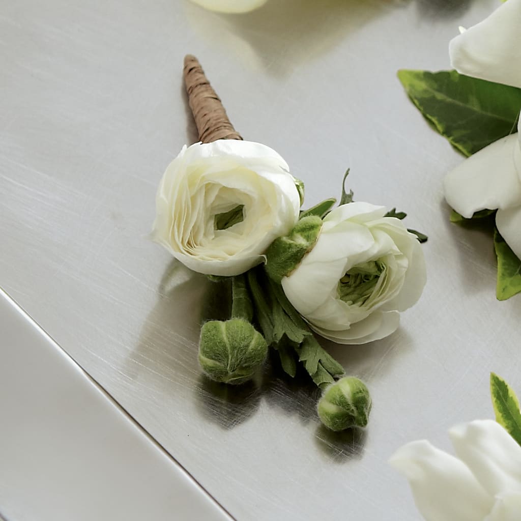 White Ranunculus Boutonniere – Facet Flowers, Austin TX