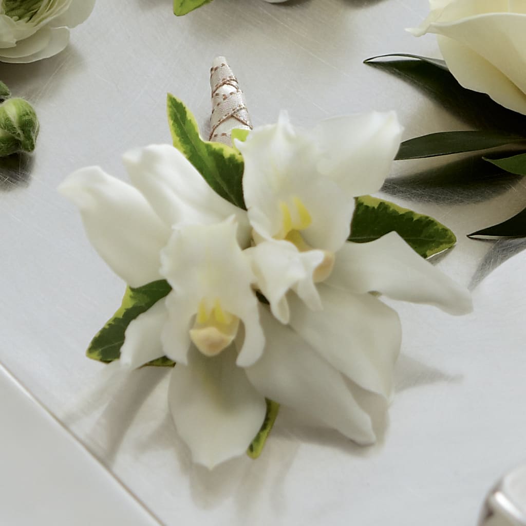 White Mini Cymbidium Boutonniere – Facet Flowers, Austin TX