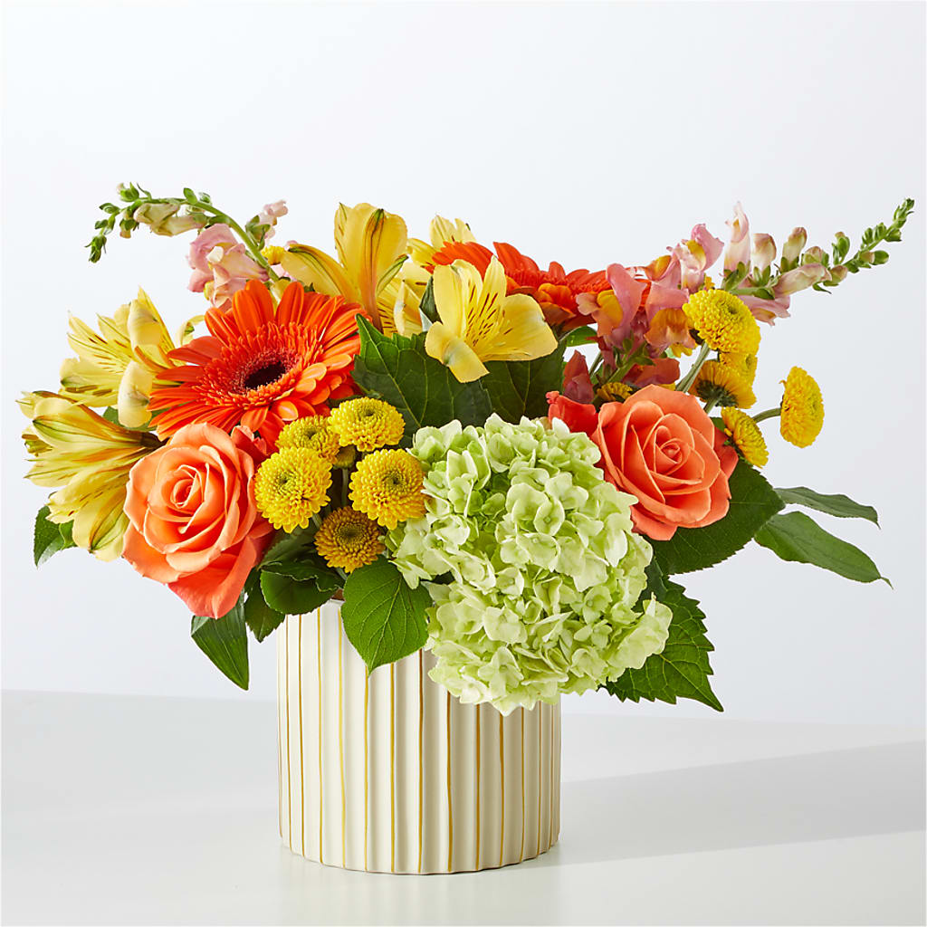 Autumn Sunshine Bouquet with Ivory Vase –  Facet Flowers, Austin TX