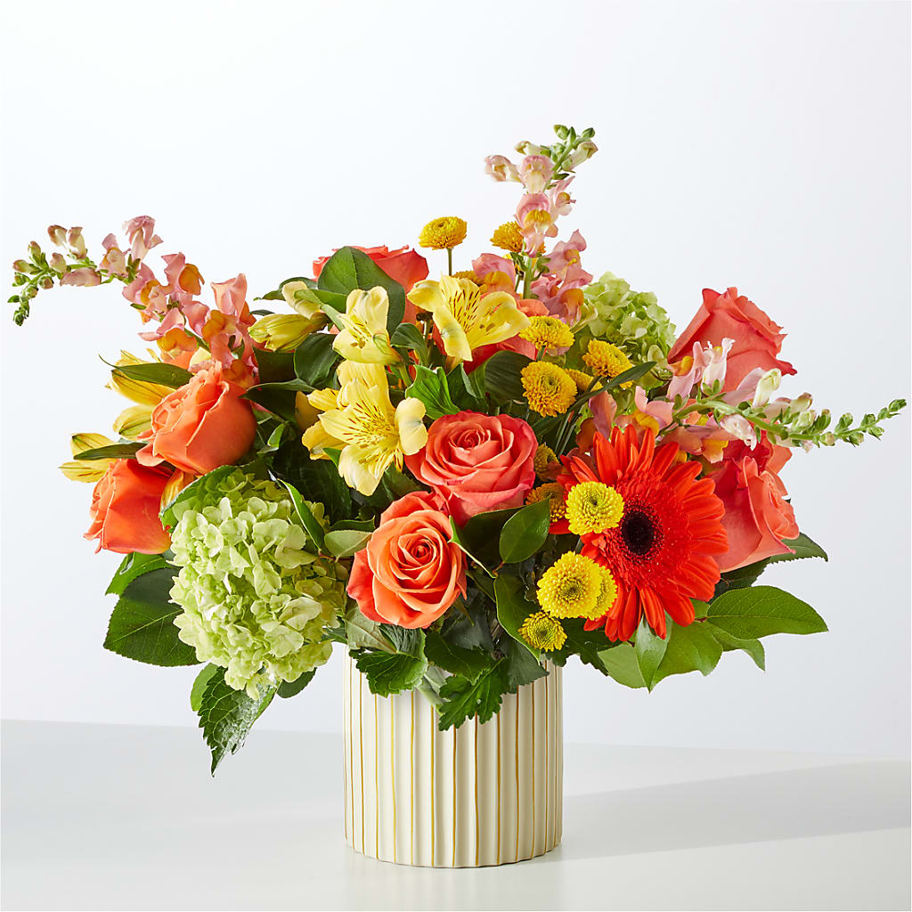 Autumn Sunshine Bouquet with Ivory Vase –  Facet Flowers, Austin TX