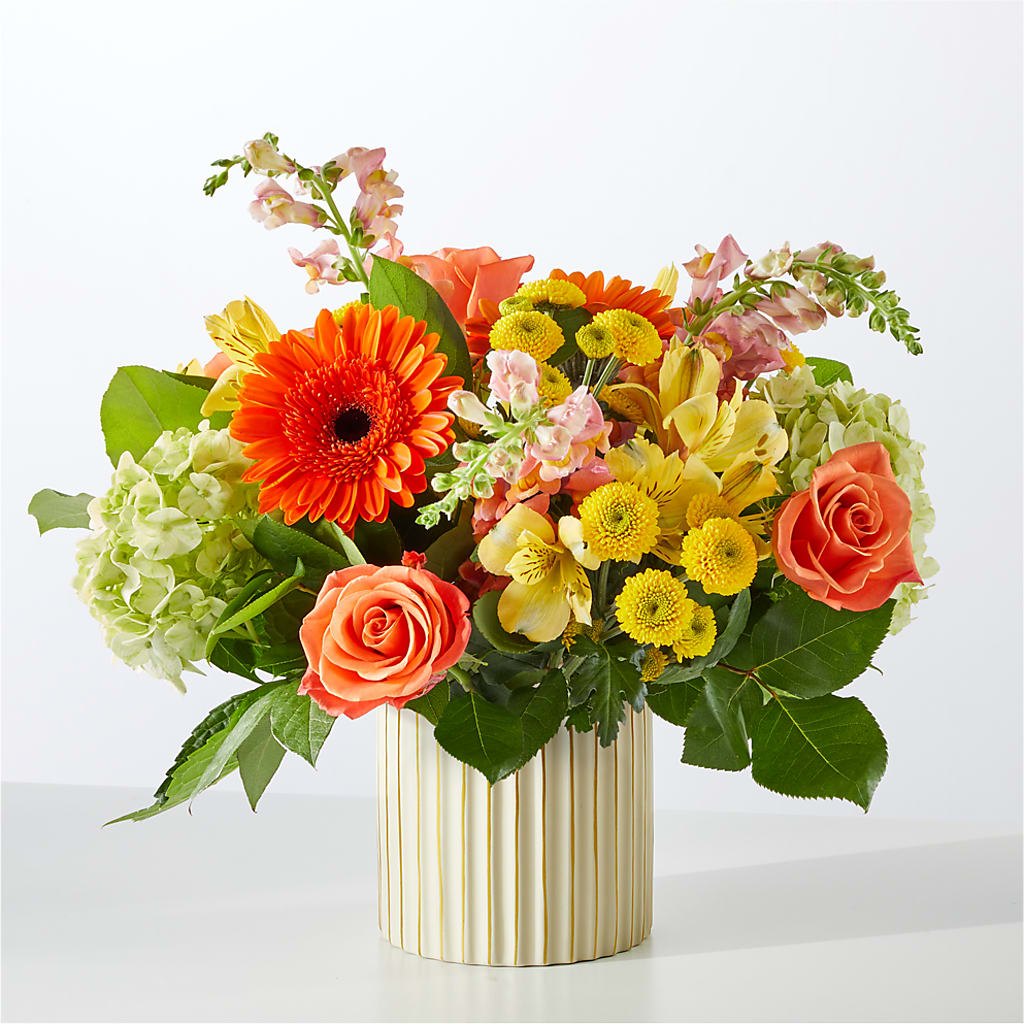 Autumn Sunshine Bouquet with Ivory Vase –  Facet Flowers, Austin TX