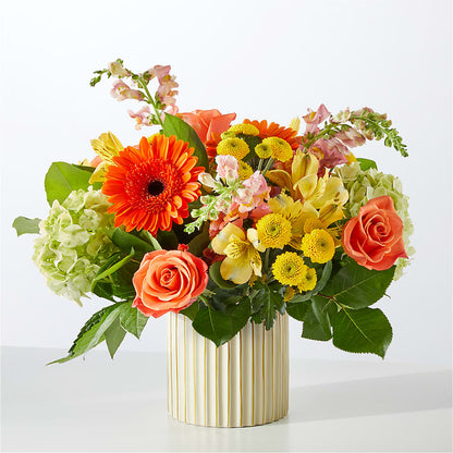 Autumn Sunshine Bouquet with Ivory Vase –  Facet Flowers, Austin TX